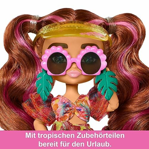 BARBIE Extra Minis - Reisepuppe mit tropischem Badeanzug, Sarong und Accessoires wie Surfbrett-Tasche, Muschel-Sonnenbrille und Palmenblätterohrringen, für Kinder ab 6 Jahren, HPB18 - obrazek 5