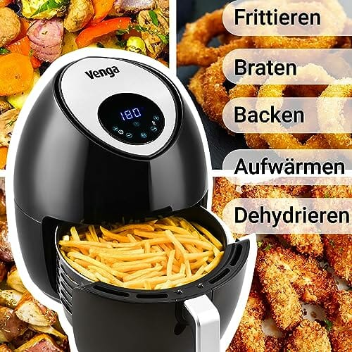 Venga! Heißluft Fritteuse, 4,5 Liter, mit digitalem Timer und regelbarer Temperatur (80-200°C), 7 voreingestellte Menüs, 1 500 W, Schwarz, VG AFT 3006 - obrazek 5