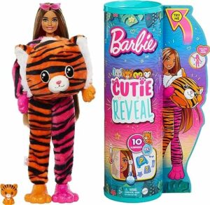 Barbie HKP99 - Lalka Cutie Reveal w kostiumie z pluszu z tygrysem i 10