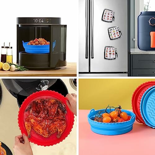 AlisaSun Faltbare Backformen Set für Luftfritteuse, Wiederverwendbare Container Zubehör Silikon Air Fryer Liners für Mikrowelle Ofen, (Large, Rot+Blau) - obrazek 3