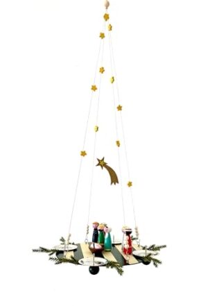 Kar.lys 2 Ways drewniany wieniec adwentowy, wiszący, stojący, do szopki, Boże Narodzenie, dekoracja bożonarodzeniowa, figurki, wieniec adwentowy, ręcznie wykonany (różowy z zabawką do szopki)