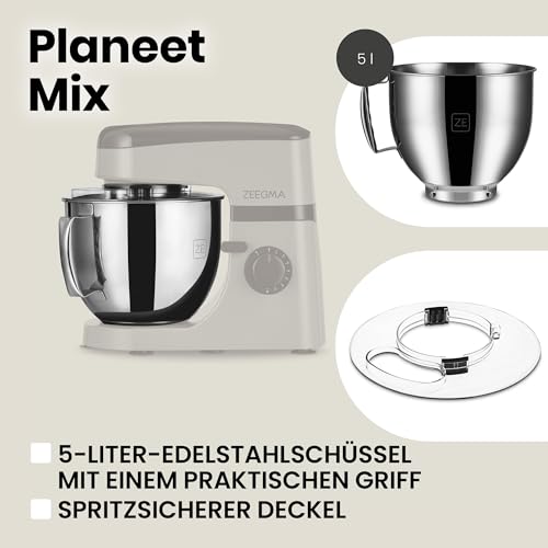 ZEEGMA PLANEET MIX Robot Planetarny 1800 W Wielofunkcyjny - Mocny i kompaktowy robot kuchenny z wyświetlaczem dotykowym, 5 litrową pojemną misą i 8 trybami mieszania - obrazek 4