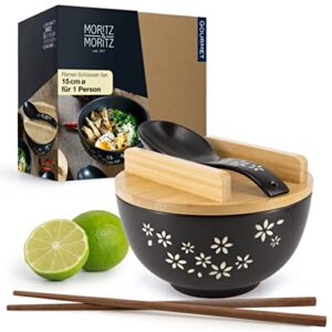 Moritz & Moritz Ramen Schüsseln Set - Schwarz, Keramik, 600ml, inkl. Löffel, Stäbchen & Deckel