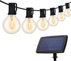 DeepDream Solarny łańcuch świetlny na zewnątrz, 14 m, G40, łańcuch świetlny na zewnątrz, z 25 + 2 żarówkami, 4 tryby świecenia, wodoszczelność IP65, do ogrodu, na balkon, wesele, imprezę, ciepła biel