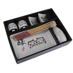 Zestaw sushi i sake Japoński - drewno, porcelana, wielokolorowy, Maneki Neko