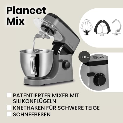 ZEEGMA PLANEET MIX Robot Planetarny 1800 W Wielofunkcyjny - Mocny i kompaktowy robot kuchenny z wyświetlaczem dotykowym, 5 litrową pojemną misą i 8 trybami mieszania - obrazek 5