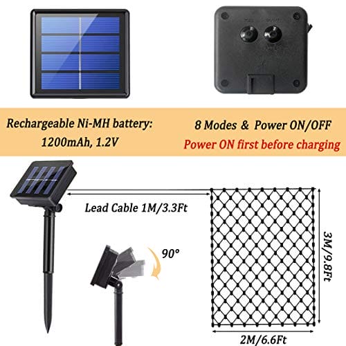 Siatka solarna 200 LED, 3 m x 2 m, łańcuch świetlny z siatki, 8 trybów - obrazek 4