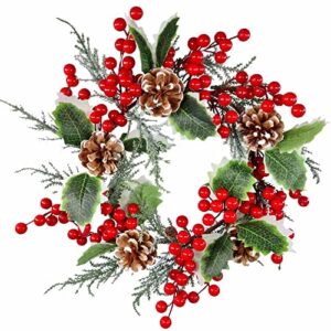 STEFANAZZI 34cm ostrokrzewu korona centralna z jagodami i szyszkami realistyczne ozdoby świąteczne drzwi kominek wejście domu i wieniec świąteczny