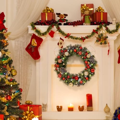 60 cm, sztuczne wieńce bożonarodzeniowe, okrągłe płatki śniegu, dekoracja, 120 końcówek z liści sosny, 8 dużych szyszek jodłowych, 8 czerwonych jagód, zielone girlandy wiszące, dekoracja - obrazek 3