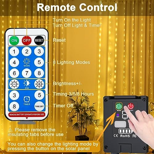 yowin Solarna zasłona świetlna na zewnątrz, 3 m x 3 m, 300 diod LED, łańcuch świetlny, 8 trybów pracy, solarny wodospad, łańcuch świetlny z pilotem zdalnego sterowania, do ogrodu, pawilonu, na balkon, wesele, imprezę, dekoracja – ciepła biel - obrazek 12