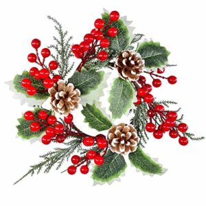 STEFANAZZI 26 cm 2 sztuk ostrokrzewu korona centralna z jagód i szyszek sosnowych realistyczne dekoracje Boże Narodzenie drzwi kominek wejście do domu i wieniec świąteczny