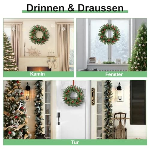 Wieniec bożonarodzeniowy do drzwi wejściowych z 12 czerwonymi jagodami, 120 gałązkami liści sosny, sztuczna girlanda bożonarodzeniowa z PCW + PE, wiszący wieniec, dekoracja bożonarodzeniowa do wnętrz, - obrazek 7
