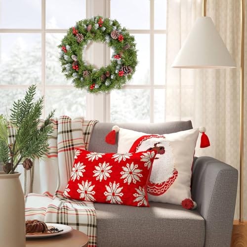 60 cm świąteczny wieniec na drzwi wejściowe, duża świąteczna girlanda dekoracje z szyszkami sosnowymi, klastry jagód, matowe gałęzie do dekoracji wewnątrz i na zewnątrz okno kominek ściana - obrazek 4