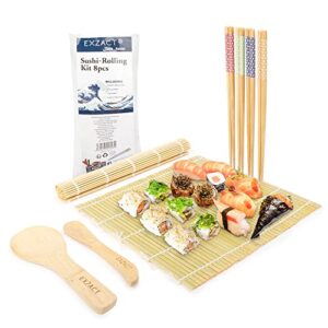 Exzact Sushi Rolling Kit 8pcs - 2 x Sushi, Premium Bamboo, Homemade, Gift Idea