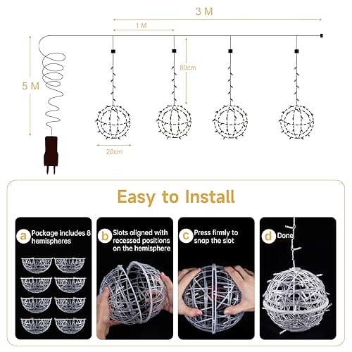 Bowfar Łańcuch świetlny na zewnątrz, 20 cm, 4 sztuki, duże kule, wiszące, choinkowe z pilotem zdalnego sterowania, timer, oświetlenie bożonarodzeniowe do ogrodu, na wesele, imprezę, dekoracja - obrazek 4