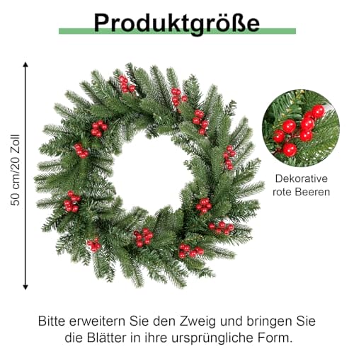 Wieniec bożonarodzeniowy do drzwi wejściowych z 12 czerwonymi jagodami, 120 gałązkami liści sosny, sztuczna girlanda bożonarodzeniowa z PCW + PE, wiszący wieniec, dekoracja bożonarodzeniowa do wnętrz, - obrazek 9