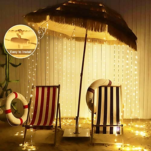 yowin Solarna zasłona świetlna na zewnątrz, 3 m x 3 m, 300 diod LED, łańcuch świetlny, 8 trybów pracy, solarny wodospad, łańcuch świetlny z pilotem zdalnego sterowania, do ogrodu, pawilonu, na balkon, wesele, imprezę, dekoracja – ciepła biel - obrazek 10