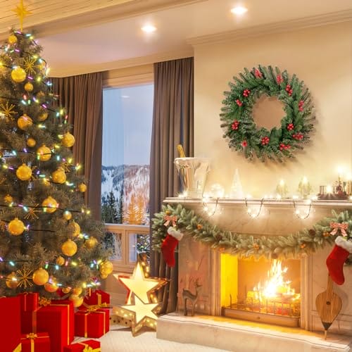 Wieniec bożonarodzeniowy do drzwi wejściowych z 12 czerwonymi jagodami, 120 gałązkami liści sosny, sztuczna girlanda bożonarodzeniowa z PCW + PE, wiszący wieniec, dekoracja bożonarodzeniowa do wnętrz, - obrazek 2