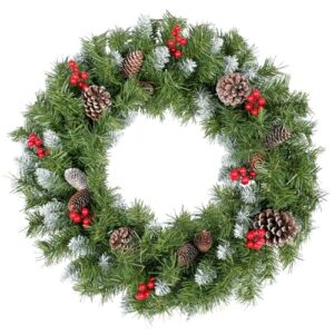 60 cm, sztuczne wieńce bożonarodzeniowe, okrągłe płatki śniegu, dekoracja, 120 końcówek z liści sosny, 8 dużych szyszek jodłowych, 8 czerwonych jagód, zielone girlandy wiszące, dekoracja