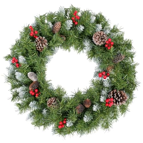 60 cm, sztuczne wieńce bożonarodzeniowe, okrągłe płatki śniegu, dekoracja, 120 końcówek z liści sosny, 8 dużych szyszek jodłowych, 8 czerwonych jagód, zielone girlandy wiszące, dekoracja