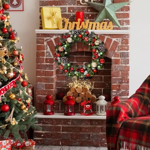 60 cm, sztuczne wieńce bożonarodzeniowe, okrągłe płatki śniegu, dekoracja, 120 końcówek z liści sosny, 8 dużych szyszek jodłowych, 8 czerwonych jagód, zielone girlandy wiszące, dekoracja - obrazek 2