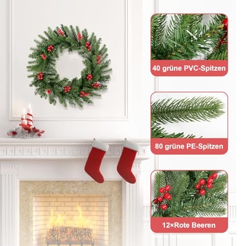 Wieniec bożonarodzeniowy do drzwi wejściowych z 12 czerwonymi jagodami, 120 gałązkami liści sosny, sztuczna girlanda bożonarodzeniowa z PCW + PE, wiszący wieniec, dekoracja bożonarodzeniowa do wnętrz, - obrazek 8