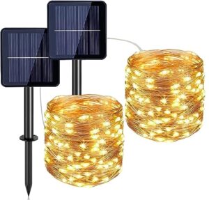 Probuk Solarny łańcuch świetlny na zewnątrz, 12 m, 100 diod LED, drut miedziany, solarny łańcuch świetlny z 8 trybami, wodoszczelność IP65, do użytku na zewnątrz, ciepła biel, do ogrodu, na taras,