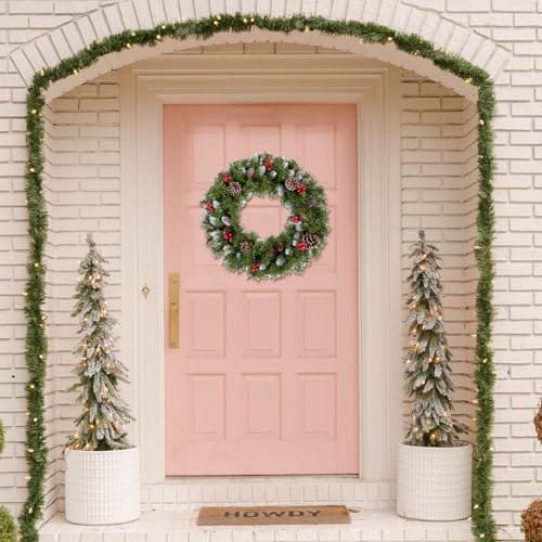 60 cm, sztuczne wieńce bożonarodzeniowe, okrągłe płatki śniegu, dekoracja, 120 końcówek z liści sosny, 8 dużych szyszek jodłowych, 8 czerwonych jagód, zielone girlandy wiszące, dekoracja - obrazek 6