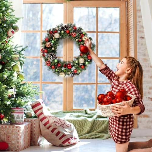 60 cm, sztuczne wieńce bożonarodzeniowe, okrągłe płatki śniegu, dekoracja, 120 końcówek z liści sosny, 8 dużych szyszek jodłowych, 8 czerwonych jagód, zielone girlandy wiszące, dekoracja - obrazek 7