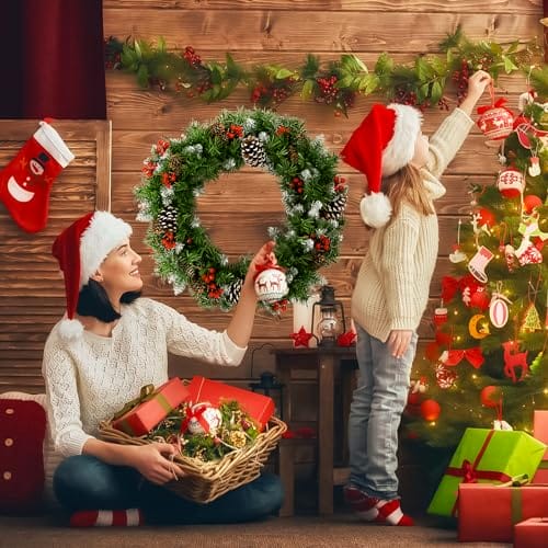 60 cm świąteczny wieniec na drzwi wejściowe, duża świąteczna girlanda dekoracje z szyszkami sosnowymi, klastry jagód, matowe gałęzie do dekoracji wewnątrz i na zewnątrz okno kominek ściana - obrazek 3