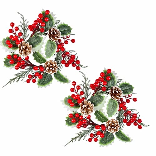 STEFANAZZI 26 cm 2 sztuk ostrokrzewu korona centralna z jagód i szyszek sosnowych realistyczne dekoracje Boże Narodzenie drzwi kominek wejście do domu i wieniec świąteczny - obrazek 2