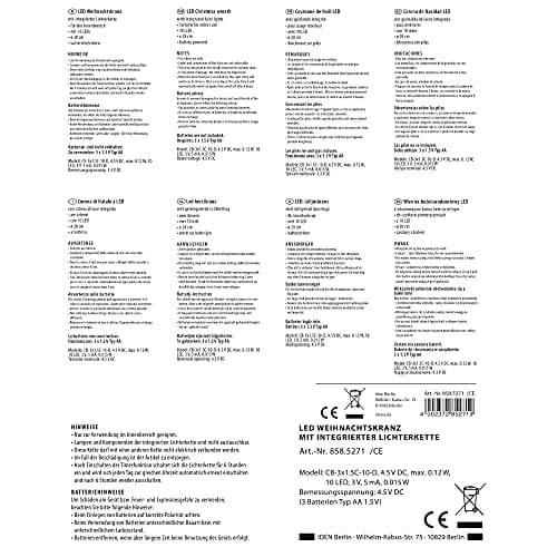 Idena 8585271 – wieniec bożonarodzeniowy LED z łańcuchem świetlnym i 10 diodami LED w kolorze ciepłej bieli, z 6-godzinnym timerem, zasilany bateriami, jako dekoracja drzwi i stołu, dekoracja na zimę, - obrazek 2