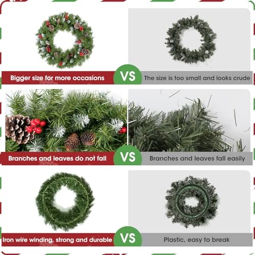 60 cm świąteczny wieniec na drzwi wejściowe, duża świąteczna girlanda dekoracje z szyszkami sosnowymi, klastry jagód, matowe gałęzie do dekoracji wewnątrz i na zewnątrz okno kominek ściana - obrazek 6