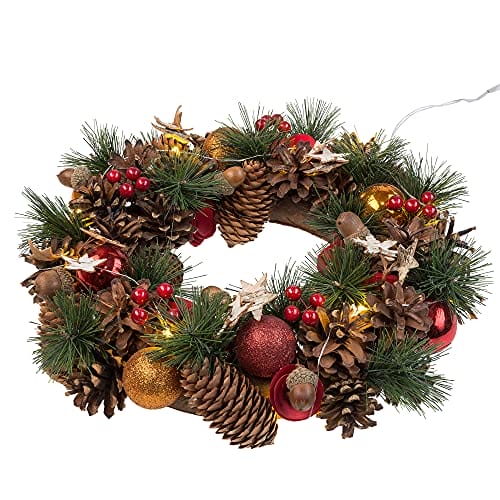 Idena 8585271 – wieniec bożonarodzeniowy LED z łańcuchem świetlnym i 10 diodami LED w kolorze ciepłej bieli, z 6-godzinnym timerem, zasilany bateriami, jako dekoracja drzwi i stołu, dekoracja na zimę, - obrazek 6