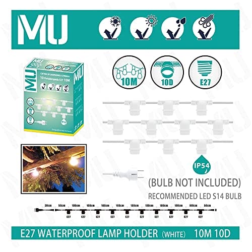 MU LED Chain Light Chain 10 LAMPHOLDER E27 5/10 MT Cable Black/White IP54 Outdoor Garden Wedding (White, 10) - obrazek 7