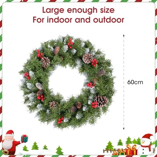 60 cm świąteczny wieniec na drzwi wejściowe, duża świąteczna girlanda dekoracje z szyszkami sosnowymi, klastry jagód, matowe gałęzie do dekoracji wewnątrz i na zewnątrz okno kominek ściana - obrazek 5