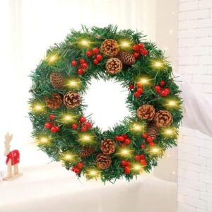 Wieniec bożonarodzeniowy, 30 cm, wieniec na drzwi Boże Narodzenie z 20 diodami LED szyszki sosnowe, jagoda, dekoracja bożonarodzeniowa, wieniec dekoracyjny na Boże Narodzenie (bez baterii)