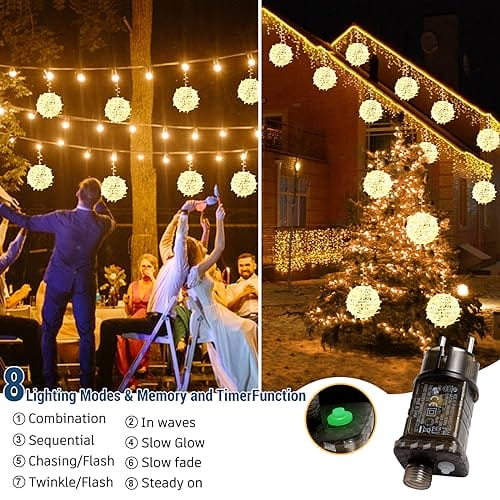 Bowfar Łańcuch świetlny na zewnątrz, 20 cm, 4 sztuki, duże kule, wiszące, choinkowe z pilotem zdalnego sterowania, timer, oświetlenie bożonarodzeniowe do ogrodu, na wesele, imprezę, dekoracja - obrazek 5