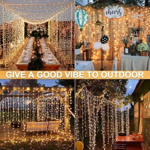 yowin Solarna zasłona świetlna na zewnątrz, 3 m x 3 m, 300 diod LED, łańcuch świetlny, 8 trybów pracy, solarny wodospad, łańcuch świetlny z pilotem zdalnego sterowania, do ogrodu, pawilonu, na balkon, wesele, imprezę, dekoracja – ciepła biel - obrazek 8