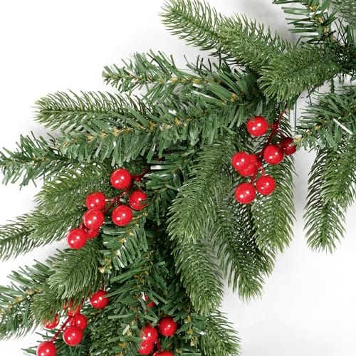 Wieniec bożonarodzeniowy do drzwi wejściowych z 12 czerwonymi jagodami, 120 gałązkami liści sosny, sztuczna girlanda bożonarodzeniowa z PCW + PE, wiszący wieniec, dekoracja bożonarodzeniowa do wnętrz, - obrazek 5