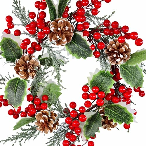 STEFANAZZI 34cm ostrokrzewu korona centralna z jagodami i szyszkami realistyczne ozdoby świąteczne drzwi kominek wejście domu i wieniec świąteczny - obrazek 3