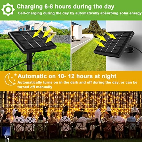 yowin Solarna zasłona świetlna na zewnątrz, 3 m x 3 m, 300 diod LED, łańcuch świetlny, 8 trybów pracy, solarny wodospad, łańcuch świetlny z pilotem zdalnego sterowania, do ogrodu, pawilonu, na balkon, wesele, imprezę, dekoracja – ciepła biel - obrazek 13