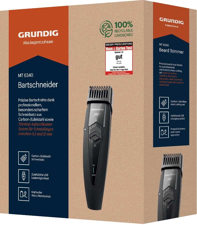 GRUNDIG MT 6340: Trymer do brody, włókno węglowe/stal nierdzewna, higieniczny, 32mm cięcie, 30 min pracy - obrazek 3