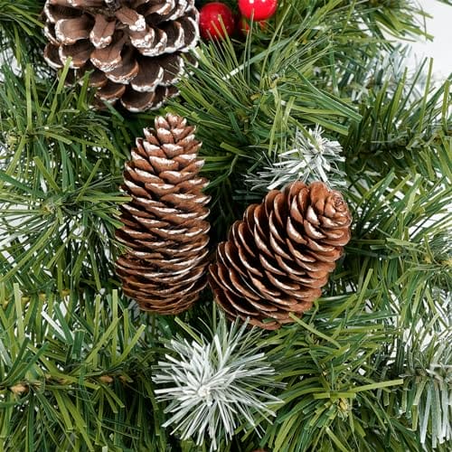 60 cm, sztuczne wieńce bożonarodzeniowe, okrągłe płatki śniegu, dekoracja, 120 końcówek z liści sosny, 8 dużych szyszek jodłowych, 8 czerwonych jagód, zielone girlandy wiszące, dekoracja - obrazek 5