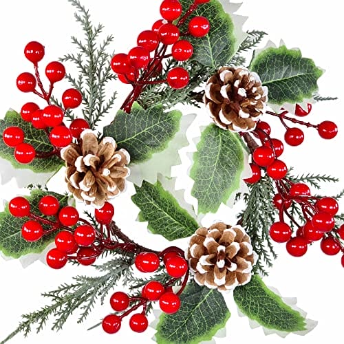STEFANAZZI 26 cm 2 sztuk ostrokrzewu korona centralna z jagód i szyszek sosnowych realistyczne dekoracje Boże Narodzenie drzwi kominek wejście do domu i wieniec świąteczny - obrazek 3