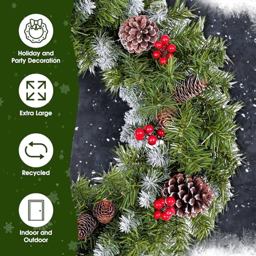 60 cm, sztuczne wieńce bożonarodzeniowe, okrągłe płatki śniegu, dekoracja, 120 końcówek z liści sosny, 8 dużych szyszek jodłowych, 8 czerwonych jagód, zielone girlandy wiszące, dekoracja - obrazek 9