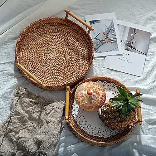 Ręcznie tkana rattanowa taca do serwowania, okrągła, kosz na pieczywo - obrazek 5