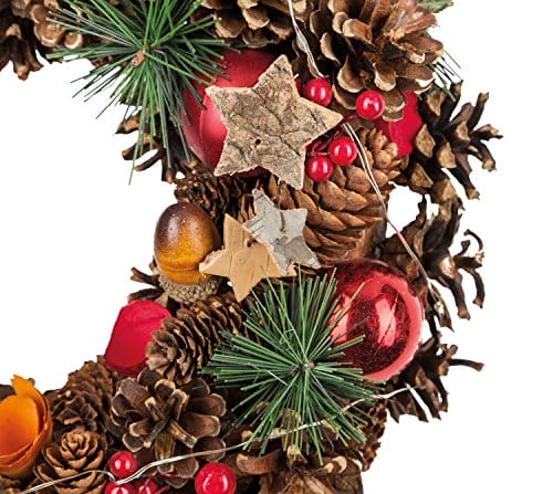 Idena 8585271 – wieniec bożonarodzeniowy LED z łańcuchem świetlnym i 10 diodami LED w kolorze ciepłej bieli, z 6-godzinnym timerem, zasilany bateriami, jako dekoracja drzwi i stołu, dekoracja na zimę, - obrazek 5