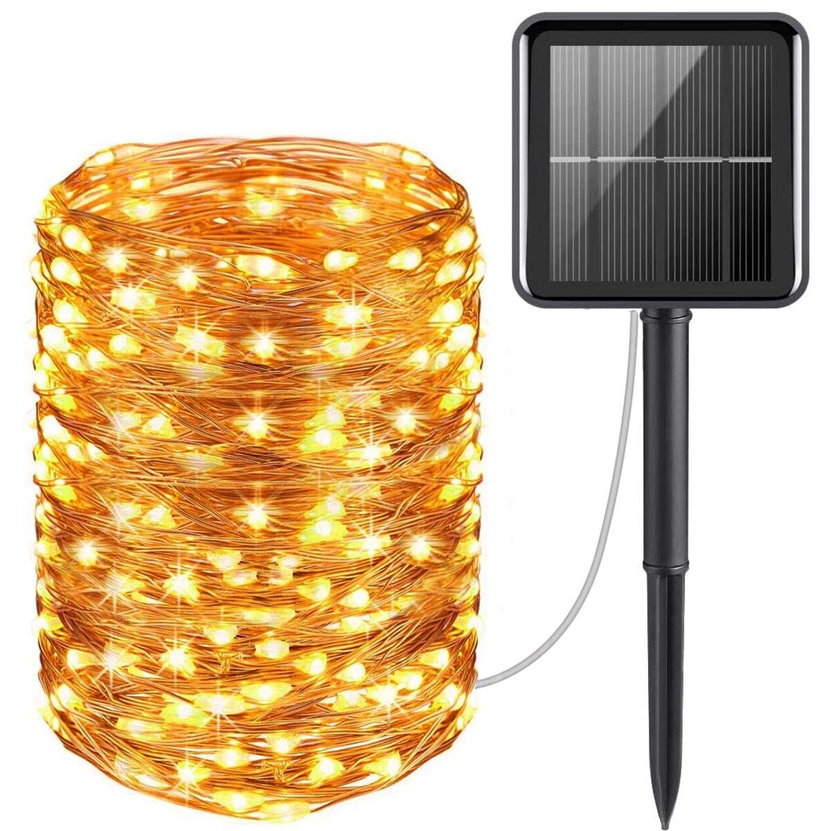 AICase Solarny łańcuch świetlny do użytku na zewnątrz, 200 diod LED, z drutem miedzianym 22 m, 8 trybów pracy, IP65, wodoszczelny, do ogrodu, na taras, balkon, imprezę, ciepła biel