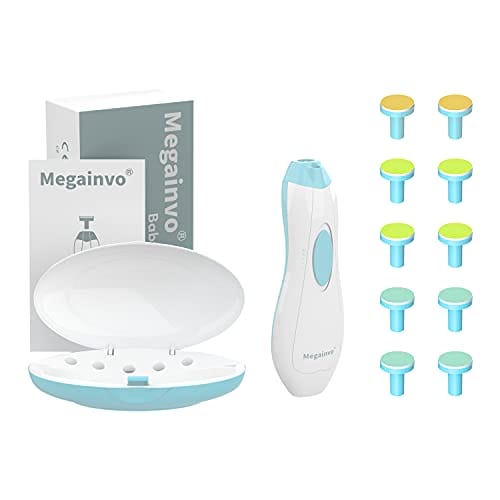 Pilnik do paznokci dla niemowląt Megainvo elektryczny trymer do paznokci zestaw do manicure obcinacz do paznokci światło LED szept cicha konstrukcja bezpieczna dla noworodka malucha dzieci zestaw do pielęgnacji palców i paznokci 10 głowic szlifierskich niebieski - obrazek 7